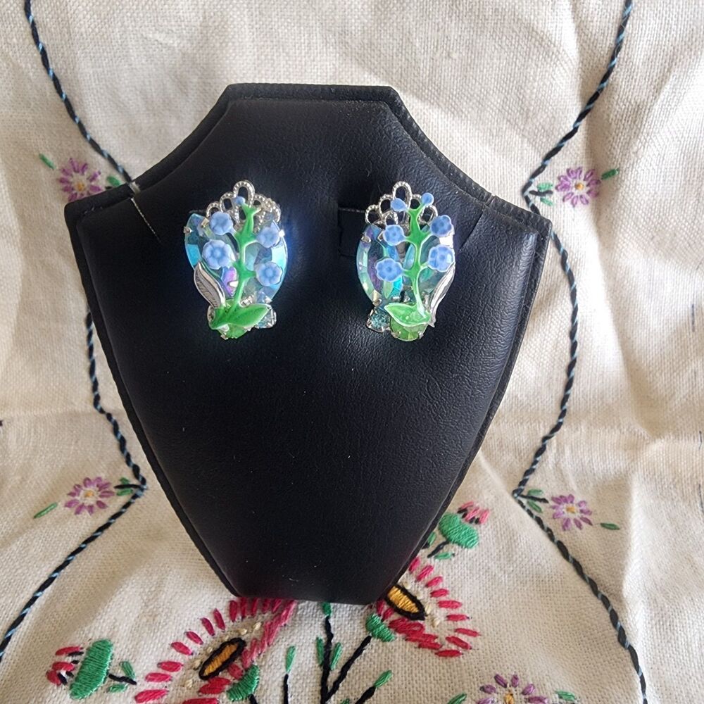 Vintage 1950s/1960s Forget-Me-Not Blue Enamel & Aurora Borealis Clip-On Earrings
